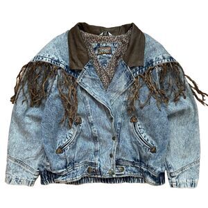 Vintage 80s New York Girl Jacket Women Sz L Blue Denim Fringe Snap Retro Western